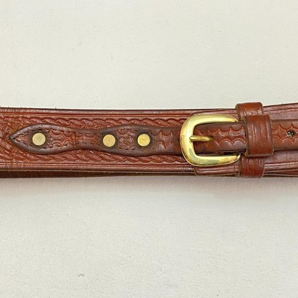 Mens Belt Large Waist Distressed Heavy Duty Tooled Leather Strap Buckle Overlay - Picture 2 of 11